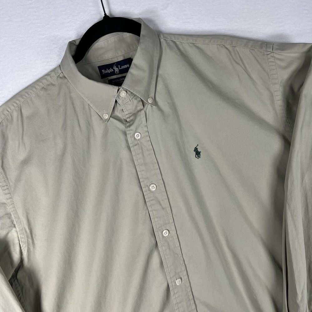 Ralph Lauren Mens Large Beige Chino Shirt Marlowe Button Down Long Sleeve Pony